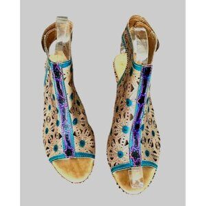 L"Artiste by Spring Step VTG Floral Tan-Teal Laser-Cut Floral Slingback Heels 39